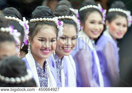 Samutprakan, Thailand - April 30, 2012: Mon Teenage Girls In Traditional Dress Having Fun Together D