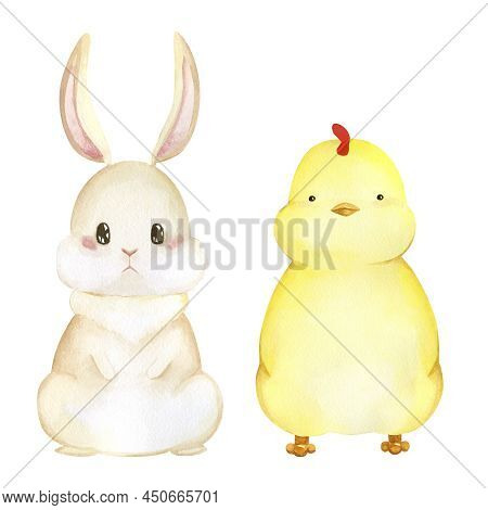 Watercolor Rabbit And Chick Set For Easter And Baby