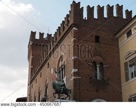 Ferrara, Italy. The Equestrian Statue Of Niccolò Iii D\'este On One Of The Two Columns Of The Volto 