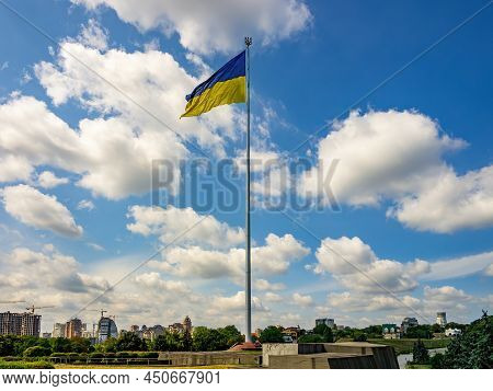 Biggest National Flag Of Ukraine On Tall Flagpole In Dowmtown Of Kyiv, Capital Of Ukraine. Picturesq