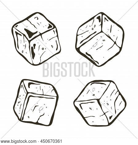 Vector Black And White Ice Cubes. Transparent Ice Cube Chunks Isolated On White Background