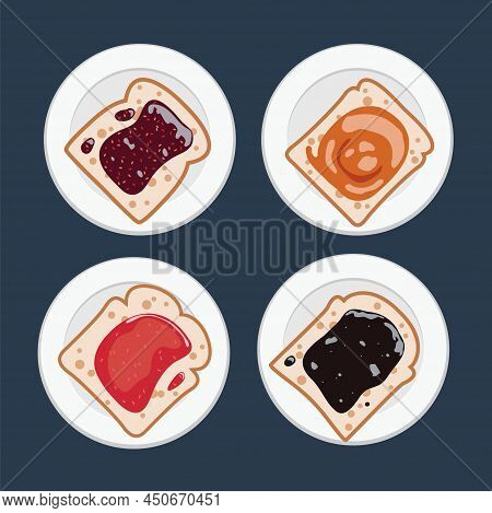 Vector Set Of White Toast Bread Slices With Fruit Jam Of Apple, Blueberry, Peach, Raspberry And Stra