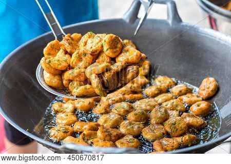 Fried Spicy Fish Pancake, Recommend Thai Local Food For Traveler And Tourist. Deep Fried Fish Paste 