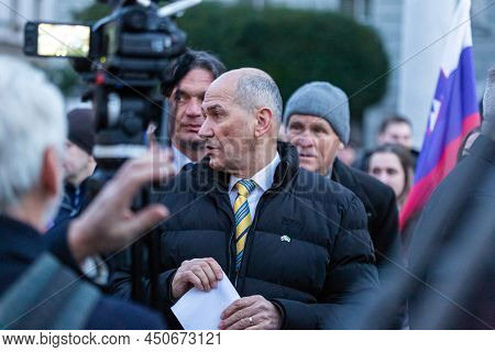 Slovenia, Ljubljana - March 2 2022: Prime Minister Janez Jansa, Keynote Speaker At The Protest In Su