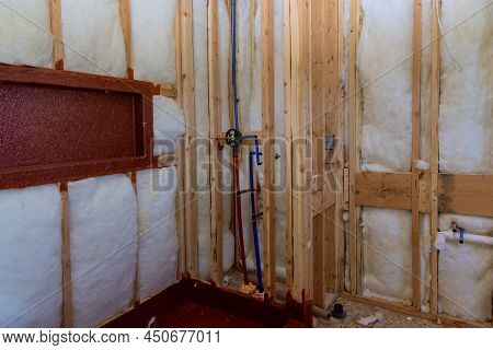 Buildt New Home Construction A Installation Shower Cabin Unfinished Of Plumbing Of Heating Insulatio