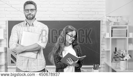 Kid And Dad In Classroom With Copybook And Computer At Blackboard, Estudy