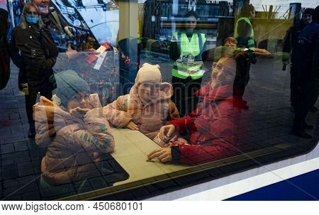 Bucharest, Romania - March 09, 2022: Ukrainian Refugees From Ukraine Arrived In North Railway Statio