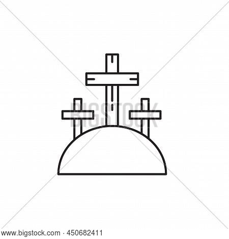 Three Cross Hill Icon In Line Art Style. Cross Symbol. Vector Illustration. Stock Image.