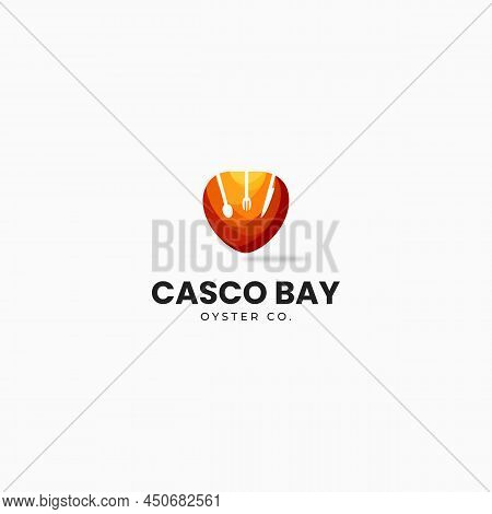 Vector Illustration Of Oyster Shell, Spoon, Fork And Knife. Logo Template For Fish Or Seafood Restau