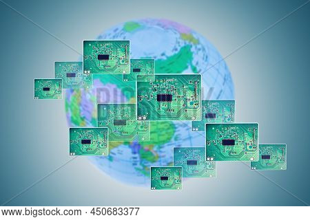 Concept Of Production Of Electronics Microchip, Motheboard, Cpu In The World. Digital Global Technol