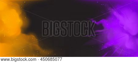 Banner With Colorful Powder Clouds, Holi Paints Horizontal Border Empty Template. Orange And Purple 
