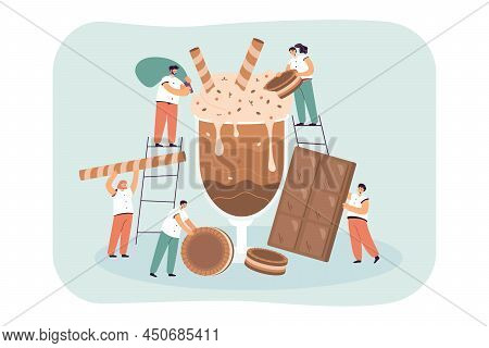 Tiny Cartoon Characters With Huge Chocolate Cocktail. Sweet Dish With Biscuits And Chocolate Bars, M
