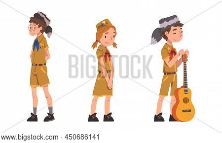 Scouting Children Set. Cute Boy And Girls In Explorer Outfit And Coonskin Cap Cartoon Vector Illustr
