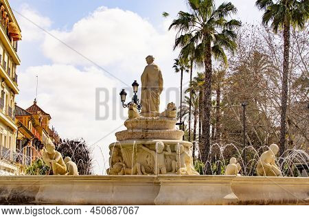 The Fountain Of Seville Or Fuente De Sevilla On Puerta De Jerez Square In Seville, Spain.