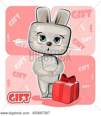 Little Baby Harre Received Gift. Red Box With Ribbon And Bow. He Is Embarrassed To Take. Childrens I