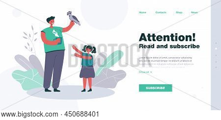 Father Holding Parrot In Hand While Drinking Tea Or Coffee. Daughter Asking For Playing With Bird Fl