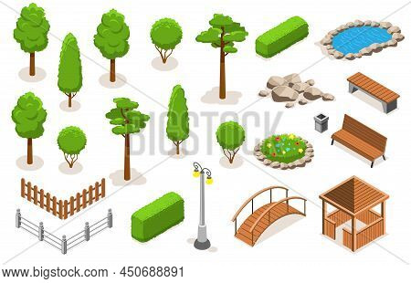 Isometric Park Landscape Elements Icon Set With Trees Bushes Flower Bed Pond Gazebo Bridge Different