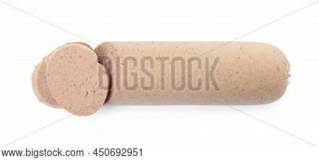 Delicious Cut Liverwurst On White Background, Top View