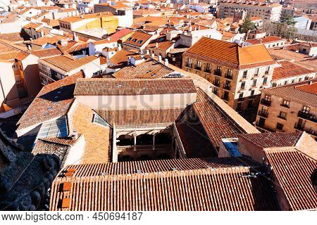 Aerial Top Panoramic View Of Historic Centre Of The Medieval Town Of Salamanca. Casa De Las Conchas