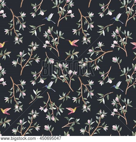 Beautiful Seamless Pattern With Gentle Hand Drawn Young Magnolia Flowers. Stock Illustration.
