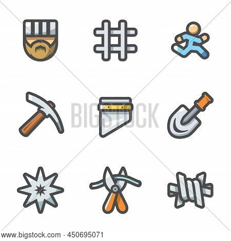 Vector Set Of Prison Icons. Prisoner, Detention, Cell, Escape, Work, Death, Penalty, Thief-in-law, S
