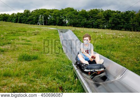Young School Kid Boy Having Fun Riding Summer Toboggan Run Sled Down A Hill In Hoherodskopf, Germany