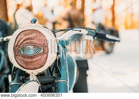 Old Tricar, Three-wheeled Motorbike Of Wehrmacht, Armed Forces Of Germany Of World War Ii Time In Wi