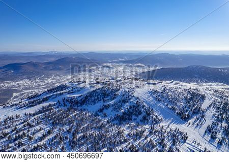 Sheregesh Ski Lift Resort Winter, Landscape Mountain And Hotels, Aerial Top View Russia Kemerovo Reg