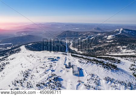 Sheregesh Ski Lift Resort Winter, Landscape Mountain And Hotels, Aerial Top View Russia Kemerovo Reg