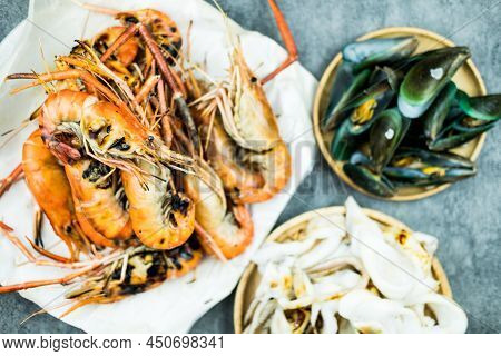 Selective Focu On Grilled Fresh Big Prawns. Top View