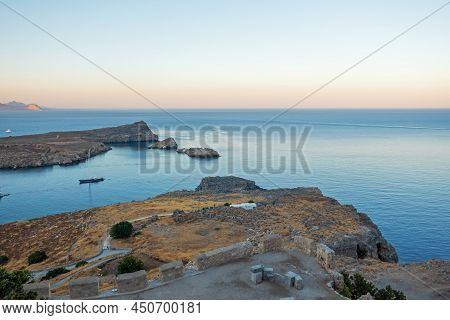 Lindos- View Of Lindos Bay And Yacht In Rhodes, Greece
