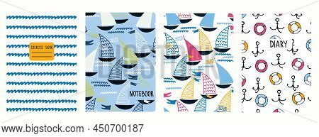 Cover Page Vector Templates With Sailing Boats, Waves. Headers Isolated And Replaceable