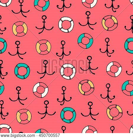 Seamless Pattern With Hand Drawn Anchors, Lifesavers. Boating, Sailing And Fishing Concept