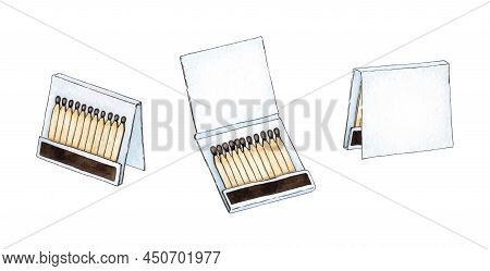 Watercolor Illustration Set Of Matchbooks Full Of Red Matches. Get The Flame. Light The Fire. Burnt 