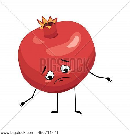 Pomegranate Character With Sad Emotions, Depressed Face, Down Eyes, Arms And Legs. Person With Melan