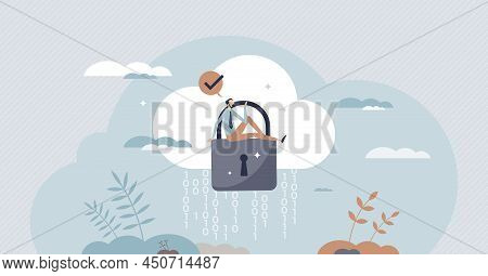 Secure Cloud With Virtual Database Security Protection Tiny Person Concept. Internet Privacy Data An