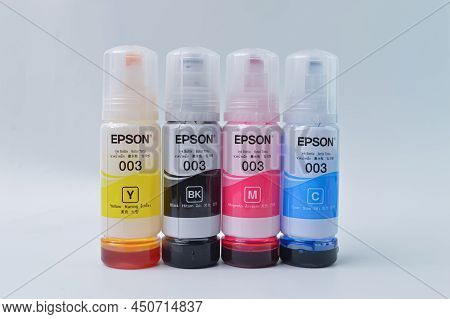 Klang, Malaysia: March 10, 2022- Epson Ink Bottles Isolated On A White Background