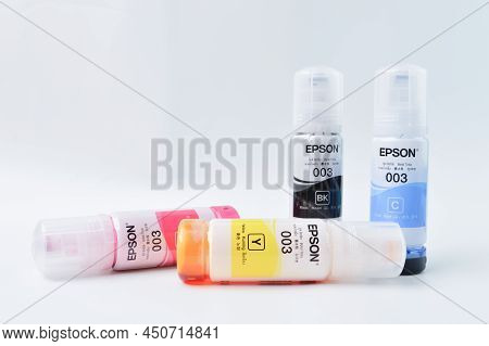 Klang, Malaysia: March 10, 2022- Epson Ink Bottles Isolated On White Background