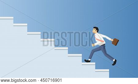 Businessman In Casual Suit Running Up Stairs Brown Color. In The Hand With Brown Bag. Vector Illustr