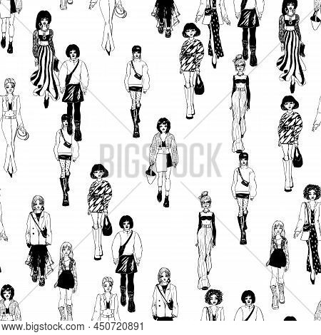 Seamless Pattern. Women In Trendy Clothes. Defile Sketch.