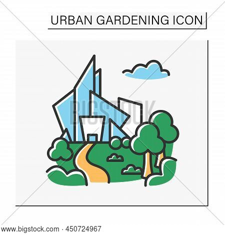 Futuristic Park Color Icon. Modern Urban Parkland Inside The City. Relax Zone For Everyone. Landscap