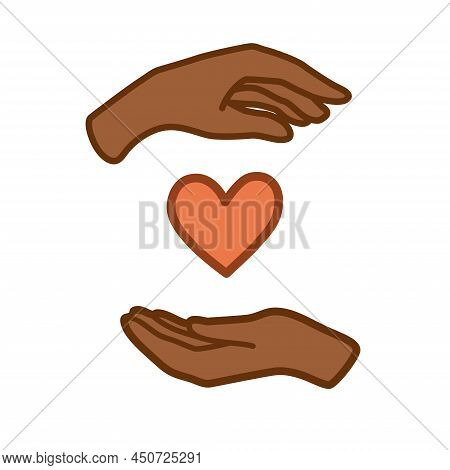 Hand-drawn Hands Of Dark Skin Color. The Heart Between The Palms. Hands Of African American Man Or W