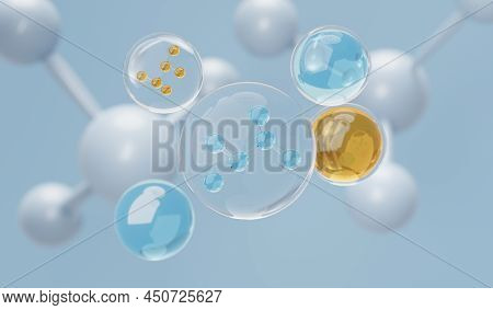 3d Render Of Simple Chemical Bond In Side Cell Or Molecules. The Associated Of Atoms, Ions, Bond And