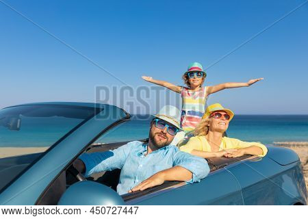 Happy Family Travel By Car On Summer Vacation