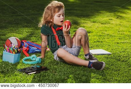 Kid Sitting Outdoor In Garden Eating Apple. Lttle Child Outdoor School, Education, On Line Distance 