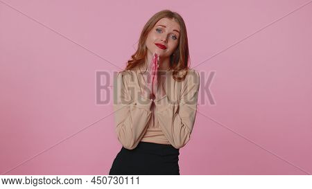 Please, God Help. Businesswoman Girl Praying, Looking Upward And Making Wish, Asking With Hopeful Im