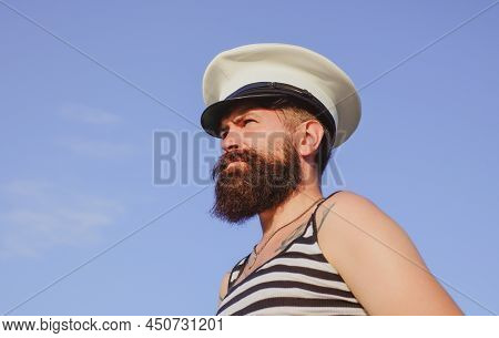 Funny Captain Sailor Wearing Hat. Seaman Fun. Portrait Of Serious Captain. Bearded Sailor, Seaman.