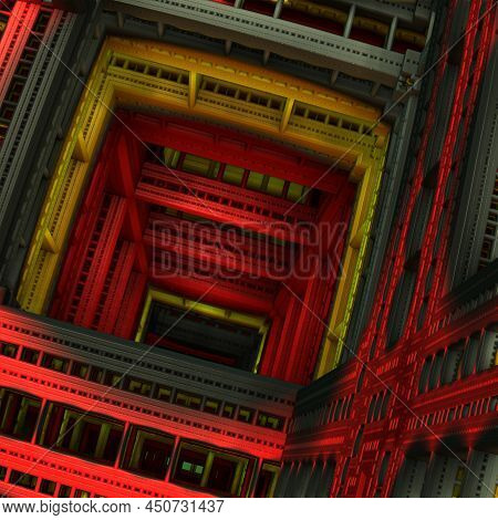 Red, Grey And Yellow Buildicg Construction Imitation, 3d Objects. Fractal Background