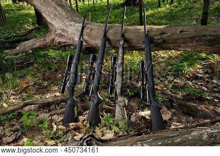 Four Hunting Rifles With Scope Optics Leaning Against A Fallen Tree
