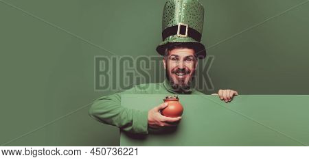 Lucky Patricks Day. Happy St Patricks Day Concept With Pot Of Gold. Patricks Board For Copy Space. P